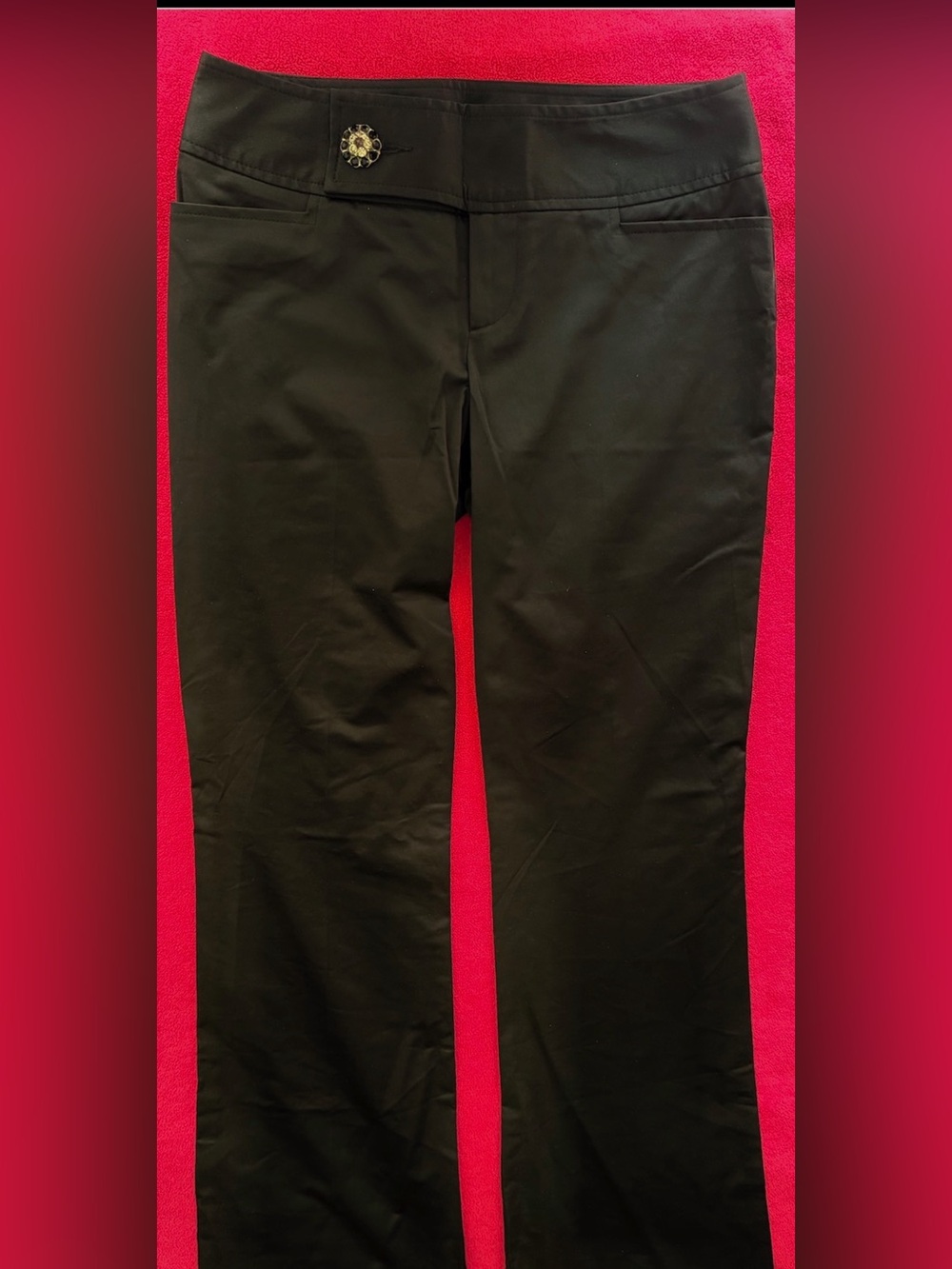 Nanette Lepore Women’s Black Flare Pants with Rhinestone Button Detail - Picture 2 of 5